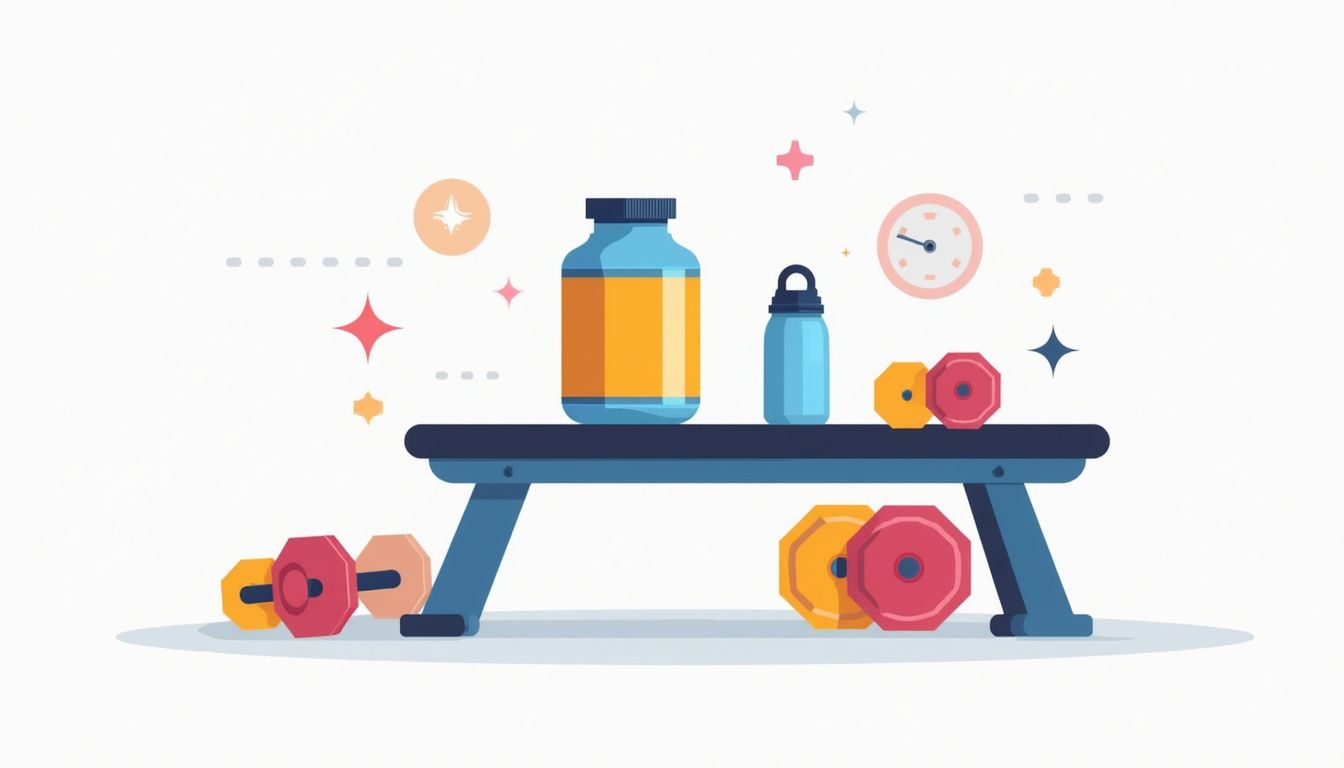 Minimalistische illustratie van een creatinefles op een gymbank.