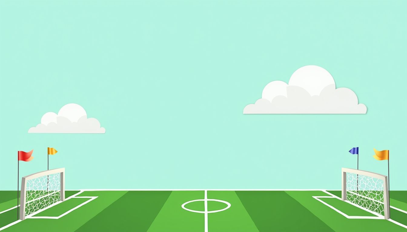 Flat design van een levendig groen voetbalveld met kleurrijke vlaggen.