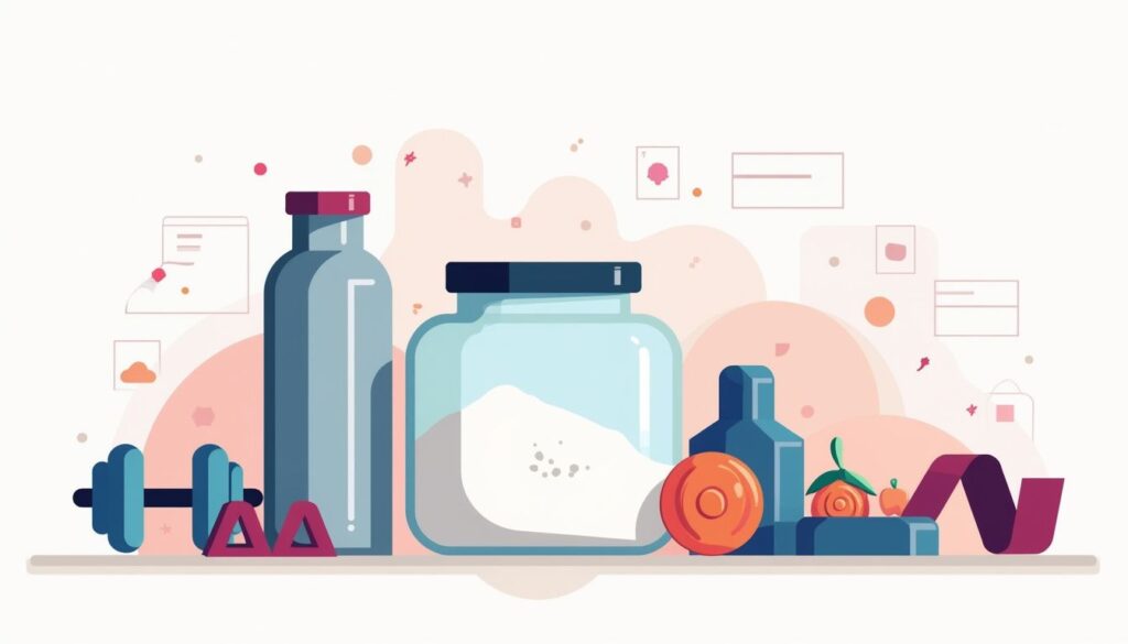 Minimalistische illustratie van een eiwitpot en fitnessaccessoires.