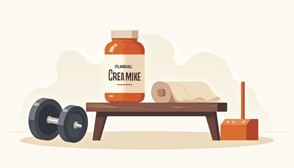 Minimalistische vectorillustratie van Flinndal Creatine op een gymbank.