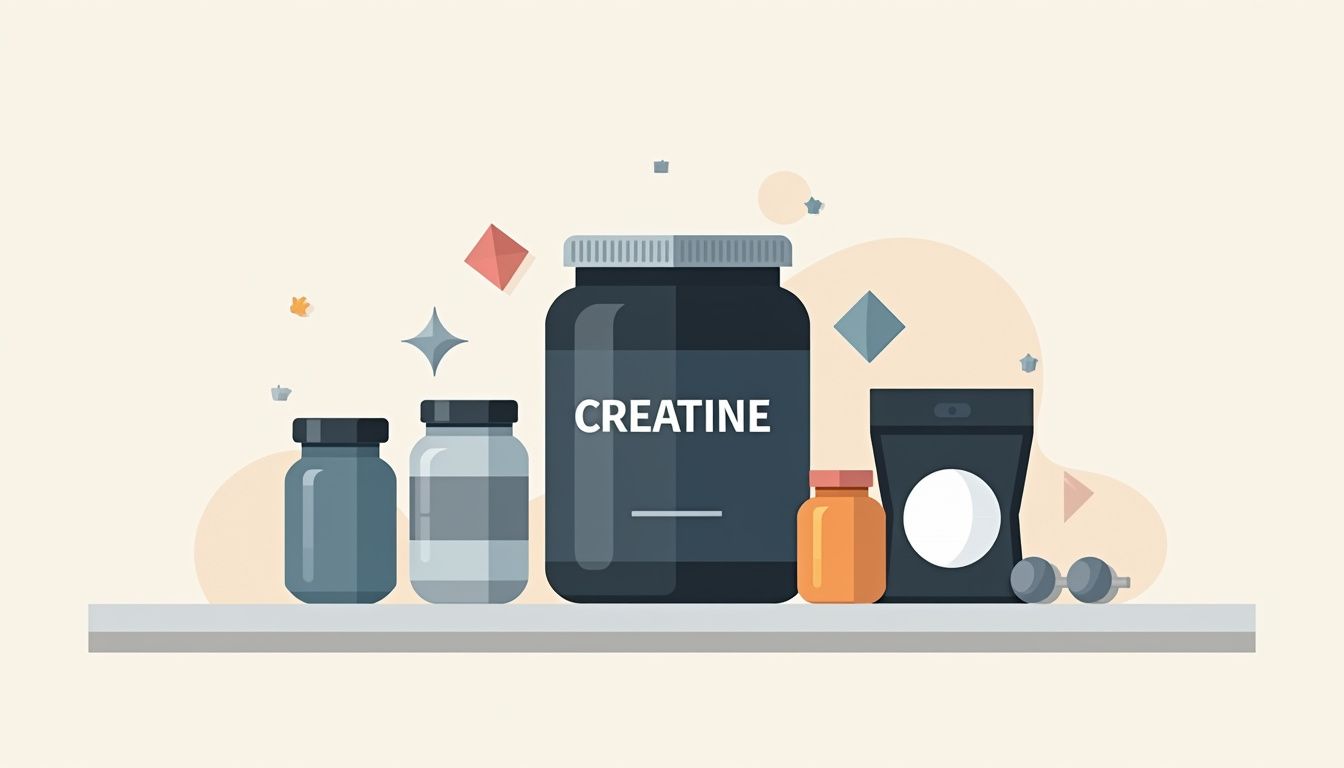 Minimalistische pantry met creatinecontainer en supplementicons in flat design. Minimalistische pantry met creatinecontainer en supplementicons in flat design.