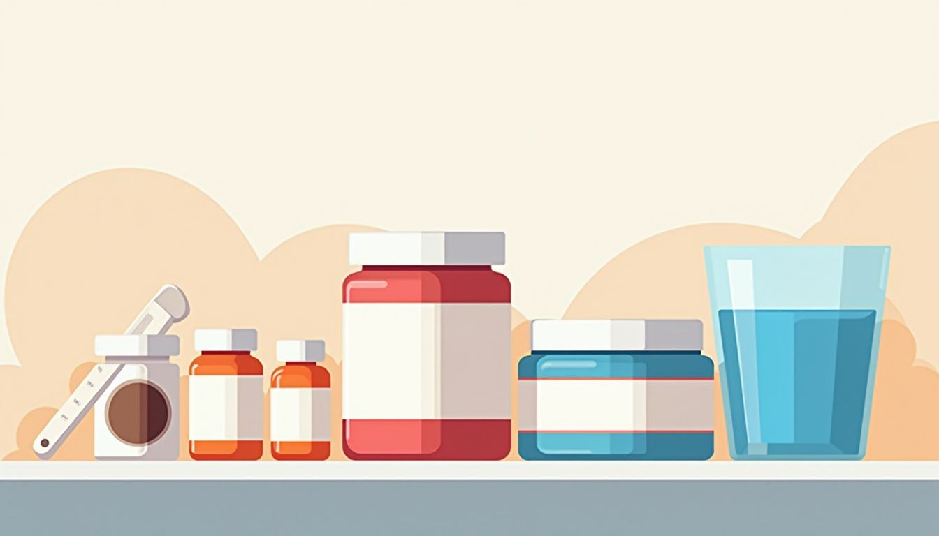 Minimalistische keuken met creatinecontainers en een glas water. Minimalistische keuken met creatinecontainers en een glas water.