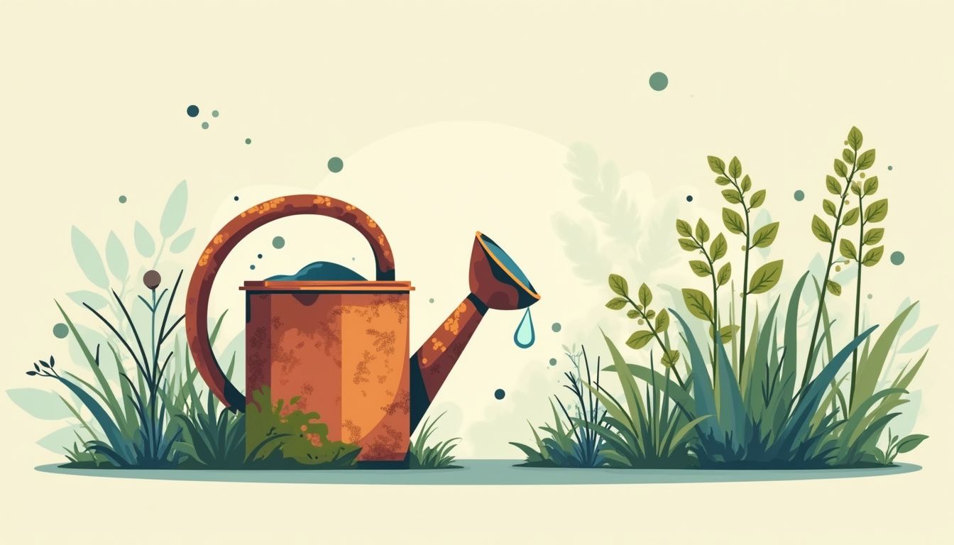 Minimalistische illustratie van een verroeste gietser met plantencellen. Minimalistische illustratie van een verroeste gietser met plantencellen.