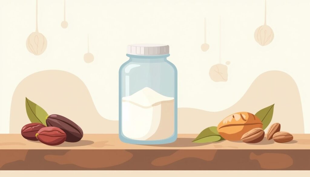 Minimalistische illustratie van een glazen pot met halal creatine op houten tafel.