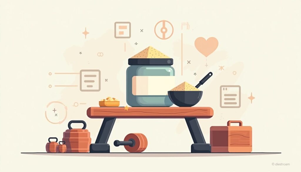 Minimalistische illustratie van een creatinecontainer op een gymbank.