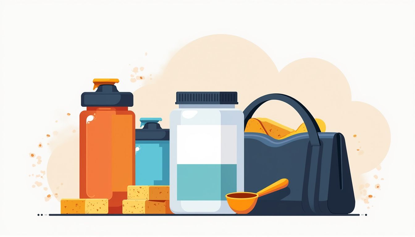 Een minimalistische illustratie van sportvoeding en workoutuitrusting. Een minimalistische illustratie van sportvoeding en workoutuitrusting.