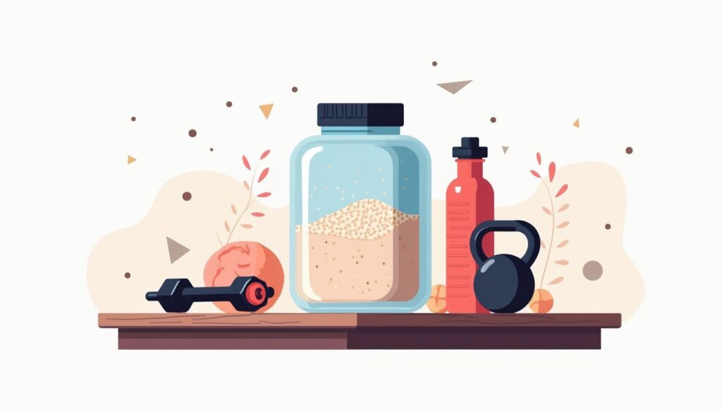 Minimalistische illustratie van creatine poeder met fitnessaccessoires.