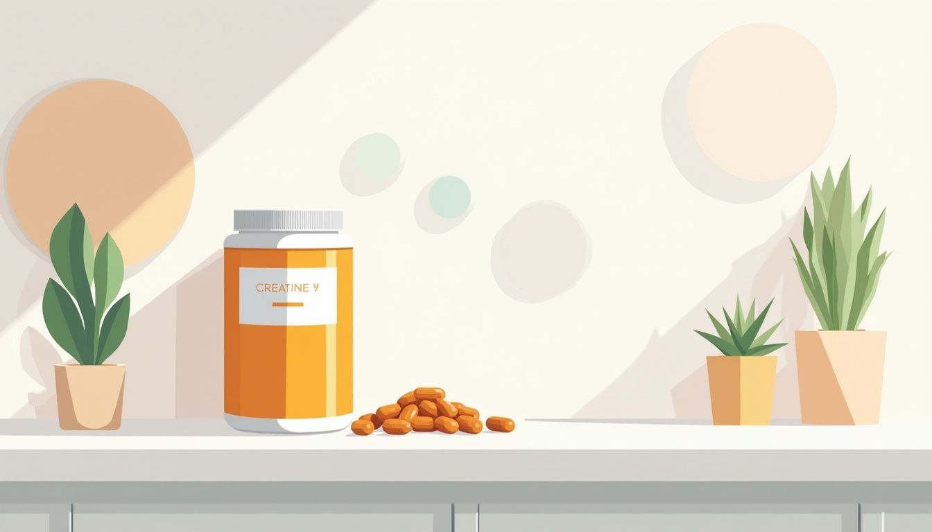 Minimalistische illustratie van creatinepoeder en capsules op een keukenblad. Minimalistische illustratie van creatinepoeder en capsules op een keukenblad.