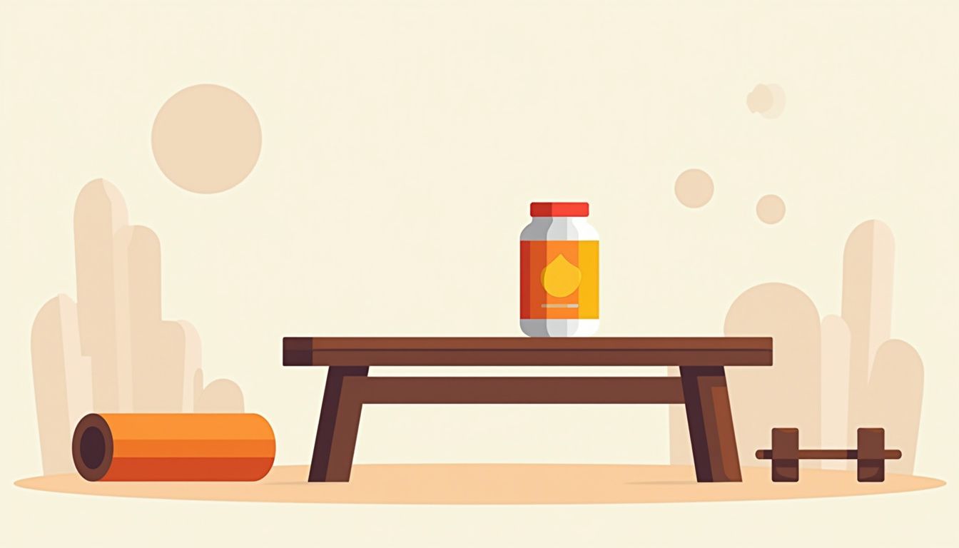 Minimalistische vectorillustratie van een fitnessomgeving met een houten bank.