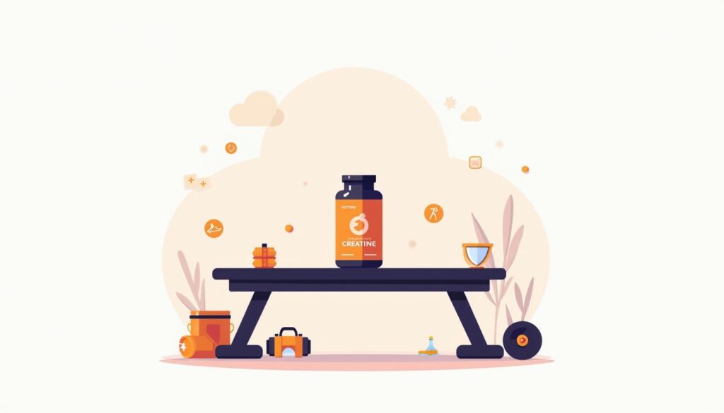 Minimalistische illustratie van een Creatine-fles op een gymbank.