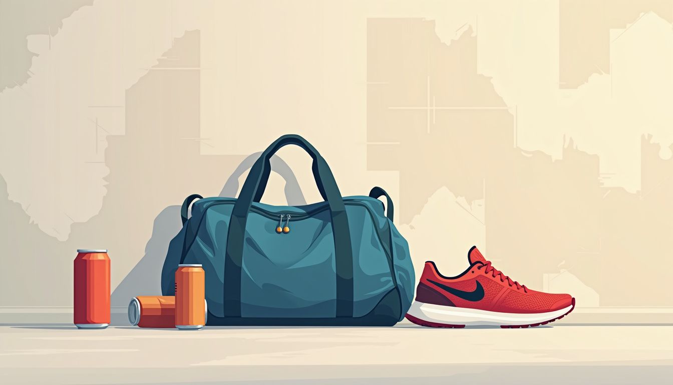 Minimalistische illustratie van een versleten gymtas en hardloopschoenen.