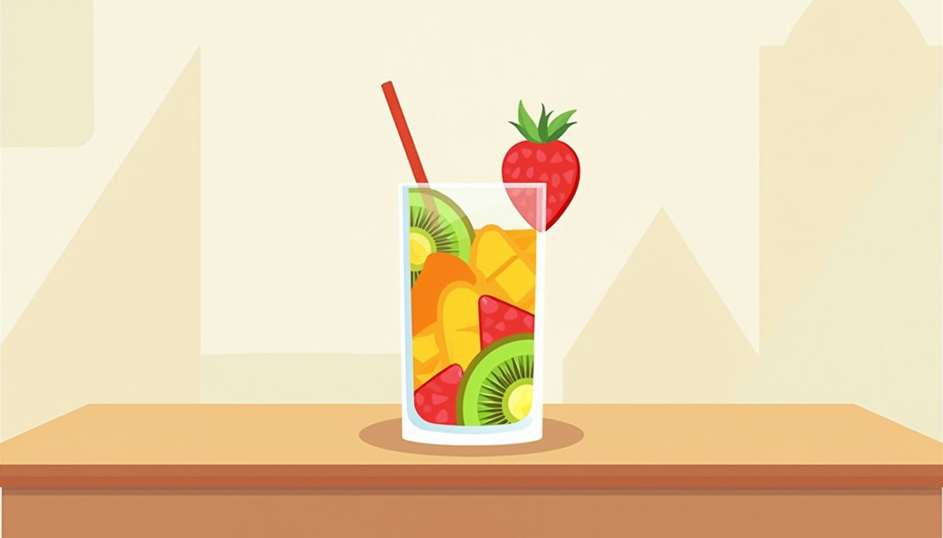 Heldere glazen smoothie met tropisch fruit op een minimalistische tafel. Heldere glazen smoothie met tropisch fruit op een minimalistische tafel.