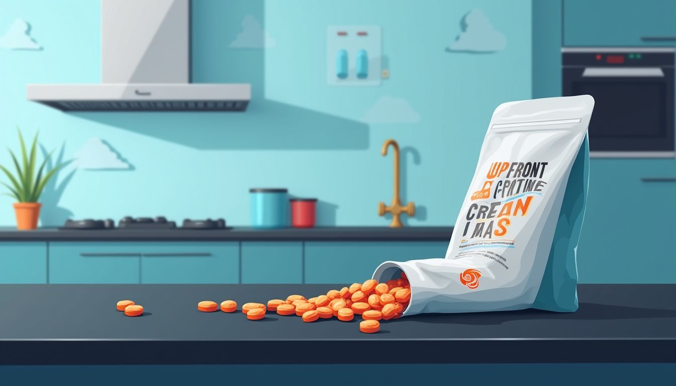 Minimalistische illustratie van Upfront Creatine Tabs op een zwarte countertop. Minimalistische illustratie van Upfront Creatine Tabs op een zwarte countertop.