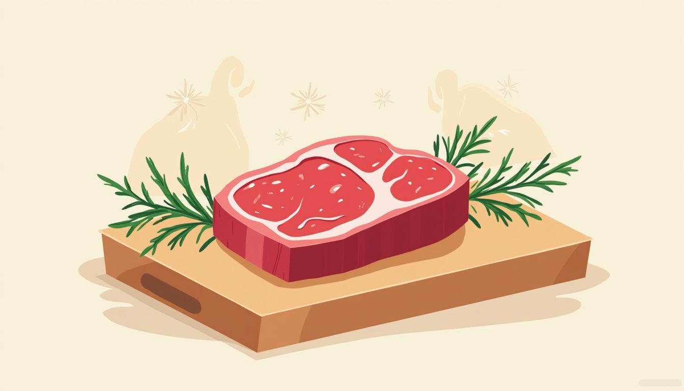 Minimalistische vectorillustratie van een rode steak op een snijplank. Minimalistische vectorillustratie van een rode steak op een snijplank.