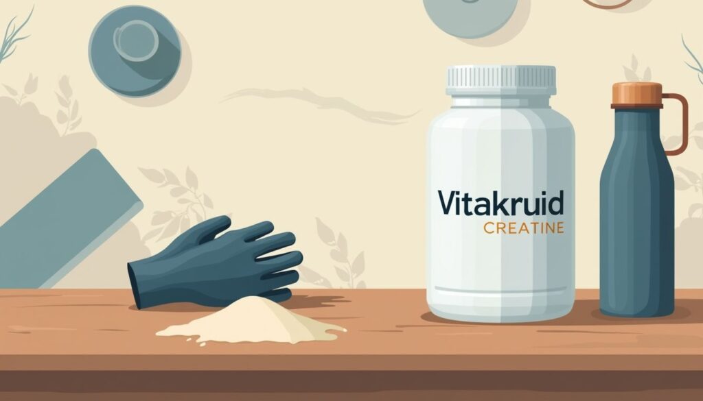 Minimalistische illustratie van een supplementcontainer in een thuisgymomgeving.