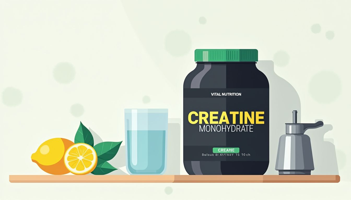 Minimalistische illustratie van creatine met water en citroen op countertop. Minimalistische illustratie van creatine met water en citroen op countertop.