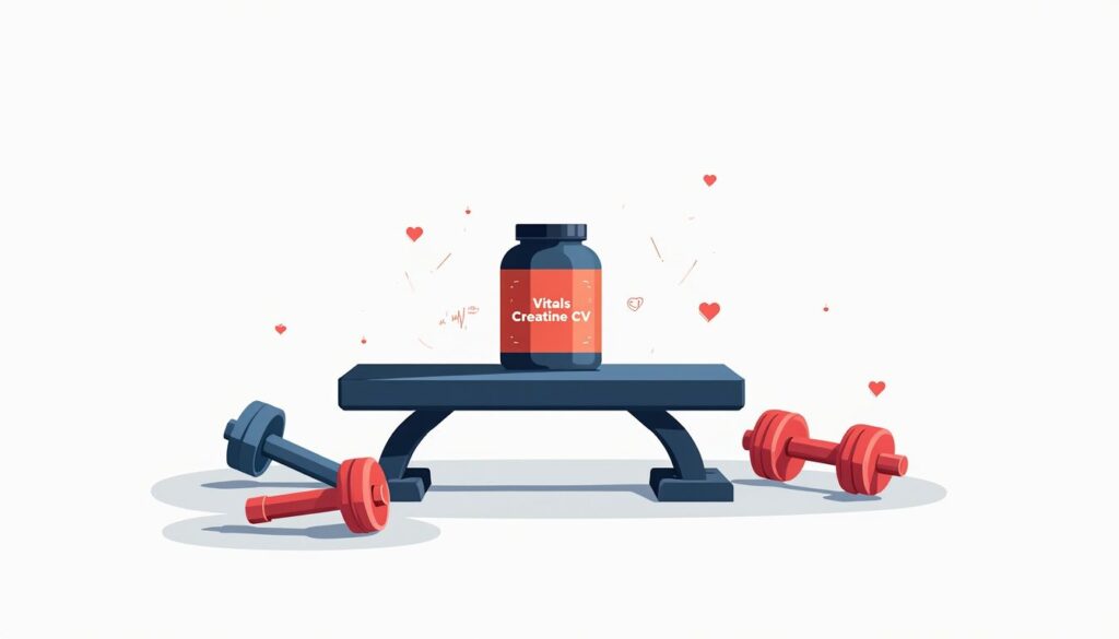 Flat design illustratie van Vitals Creatine-CV op een gymbank.