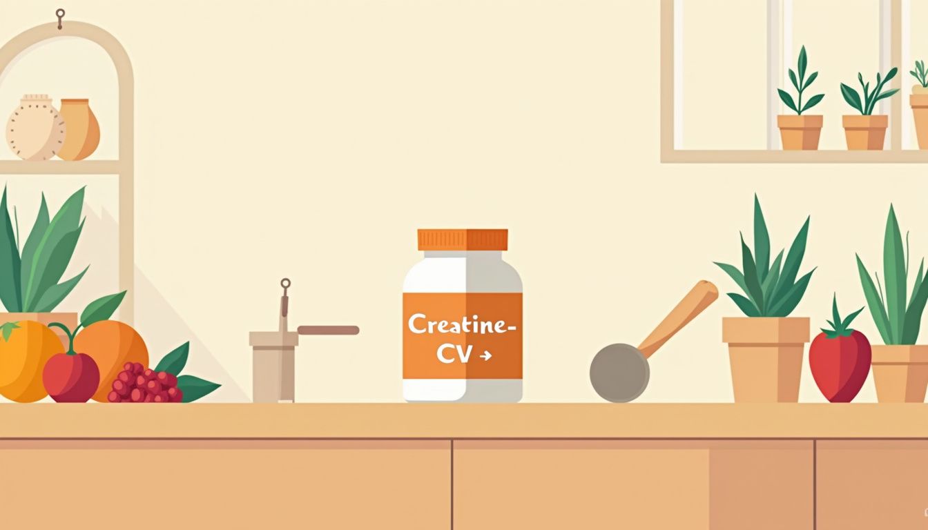 Minimalistische illustratie van een pot creatine met fruit en keukenelementen.