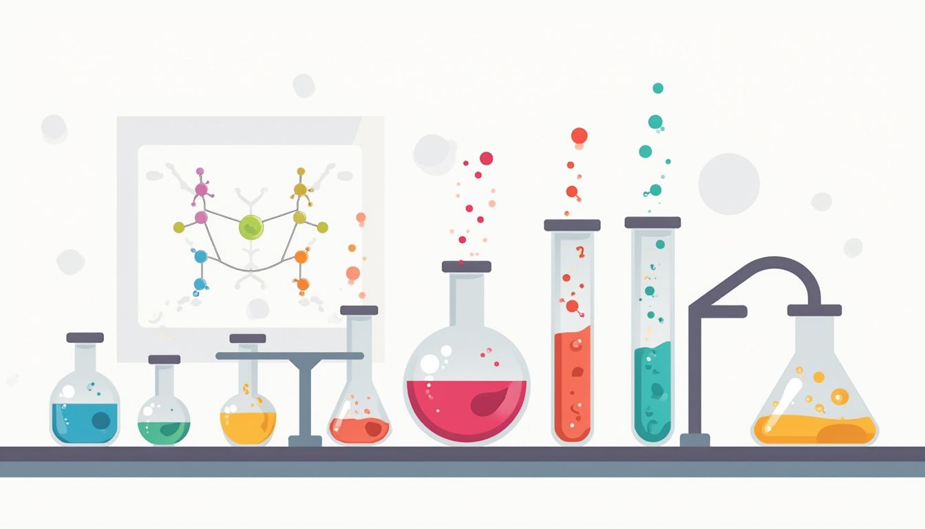 Minimalistische laboratoriumillustratie met kleurrijke proefbuizen en wetenschappelijke instrumenten.