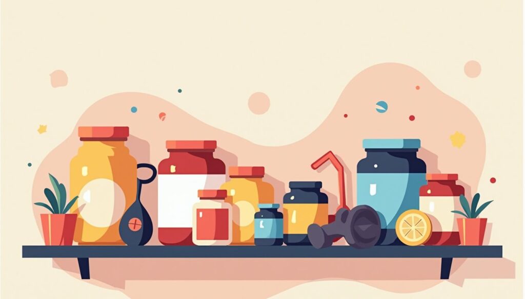 Minimalistische vectorillustratie van een rommelige fitnessplank met creatinecontainers.