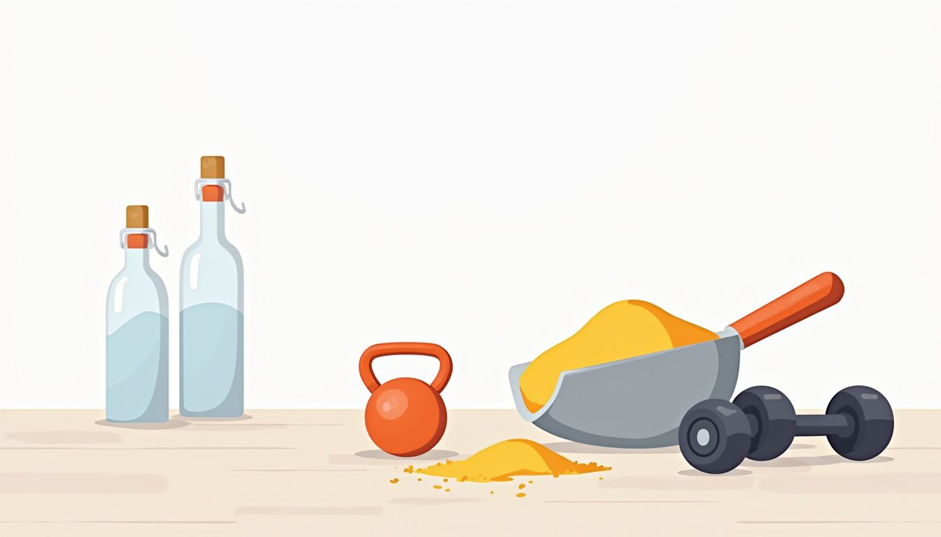 Minimalistische vectorillustratie van creatine, dumbbells en een waterfles.