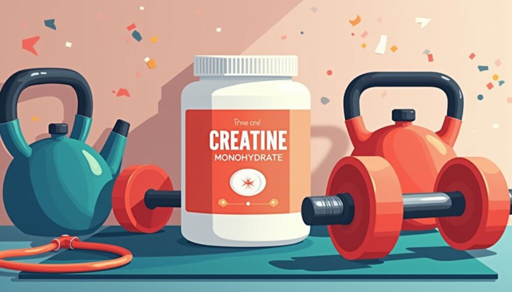 Minimalistische illustratie van creatine, dumbbells en fitnessaccessoires.