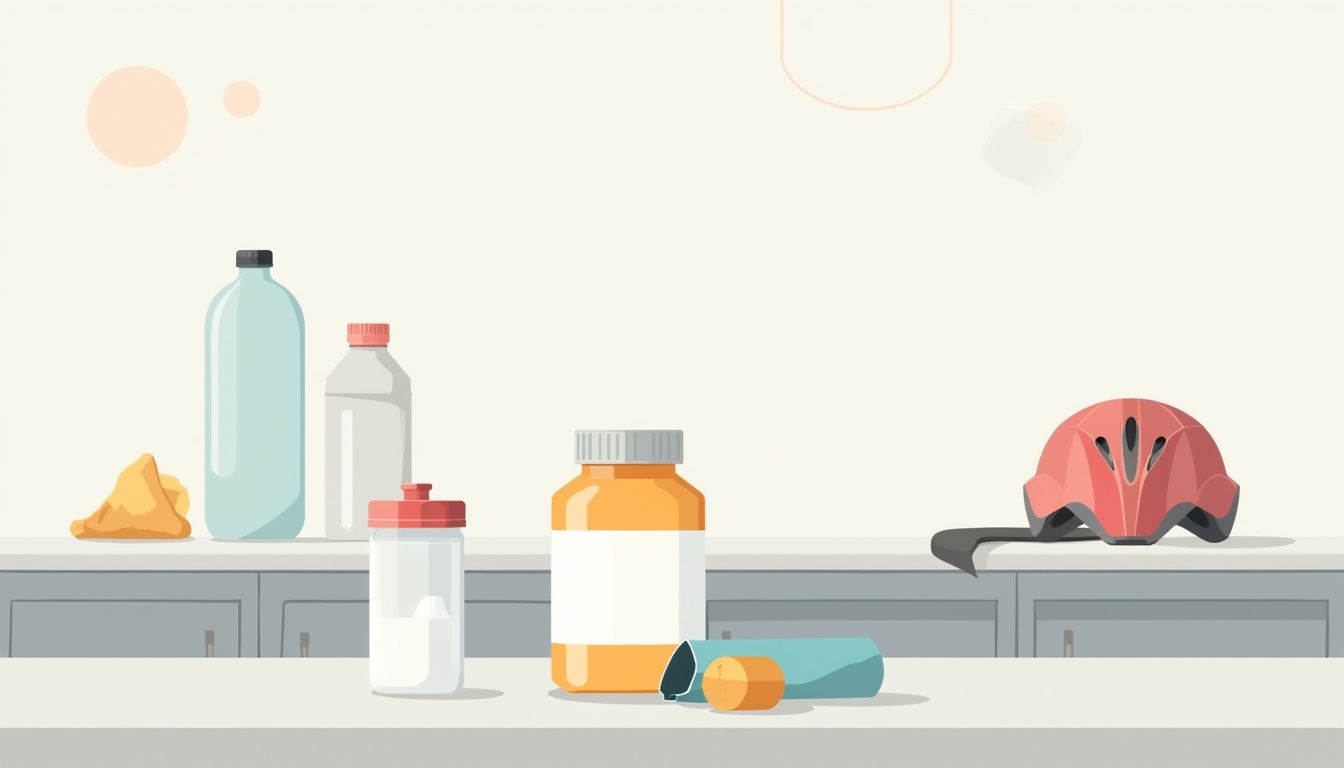 Minimalistische illustratie van een creatinefles op een keukenblad. Minimalistische illustratie van een creatinefles op een keukenblad.