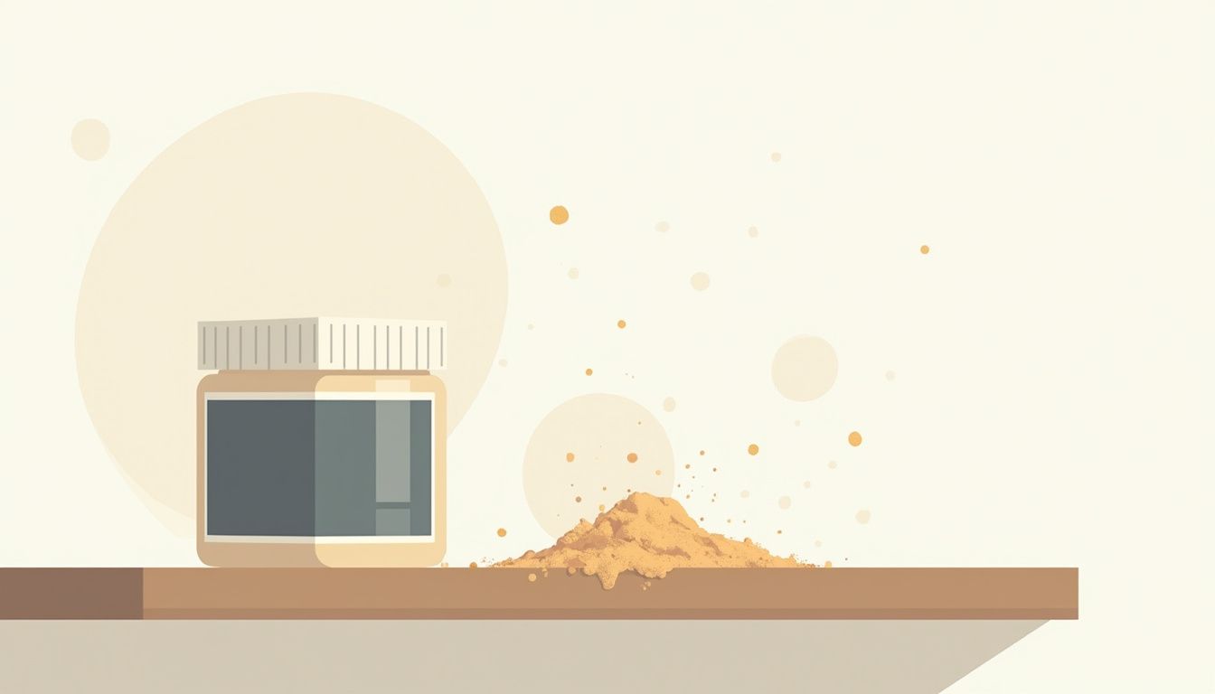 Een minimalistische illustratie van een open creatine-container op een stoffige plank. Een minimalistische illustratie van een open creatine-container op een stoffige plank.