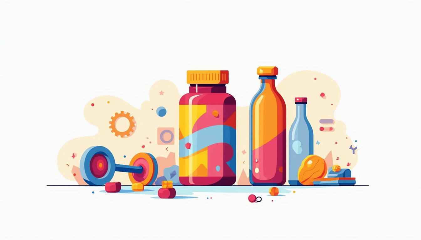 Vibrant creatine gummies en waterfles in een minimalistische gymsetting. Vibrant creatine gummies en waterfles in een minimalistische gymsetting.