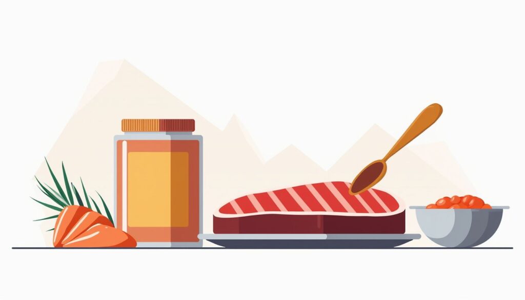 Minimalistische vectorillustratie van creatine, steak en rauwe vis.
