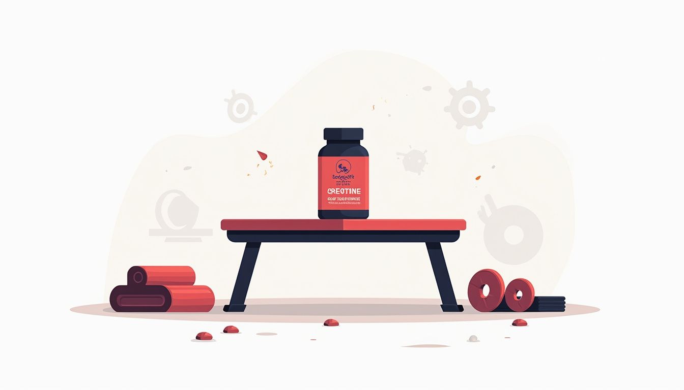 Minimalistische vectorillustratie van een creatine fles op een gymbank.