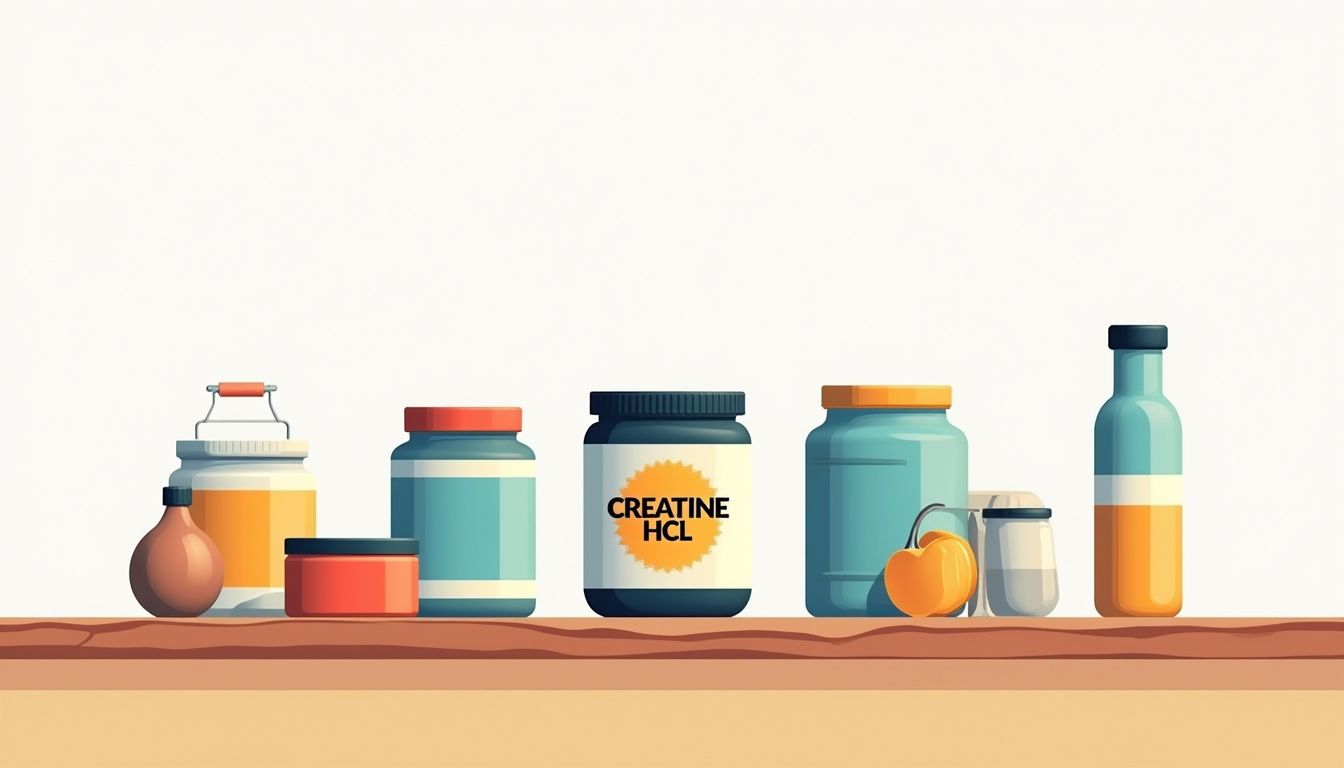 Minimalistische vectorillustratie van fitness supplementen op een houten oppervlak.