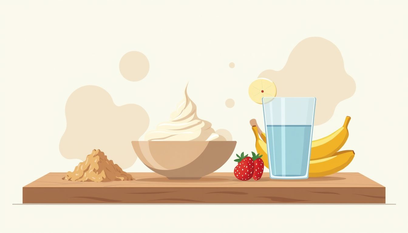 Minimalistische illustratie van een houten keukentafel met voedselitems.