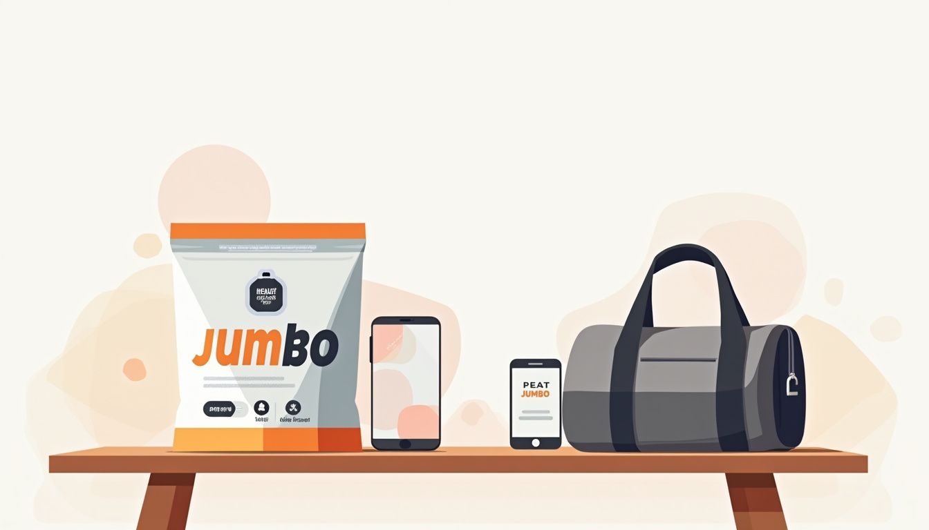 Vibrante illustratie van een creatinepakket en gymtas op een tafel.