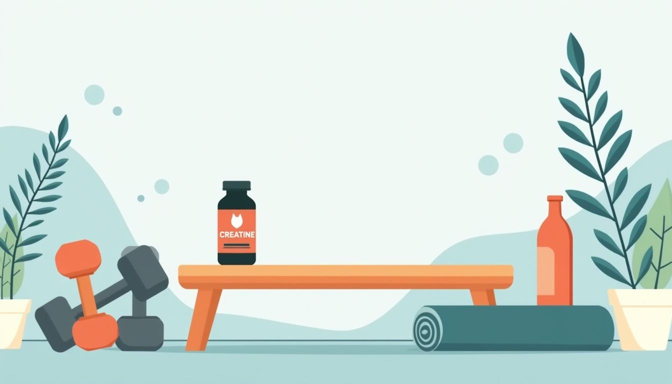 Minimalistische vectorillustratie van creatinefles op een houten gymbank.