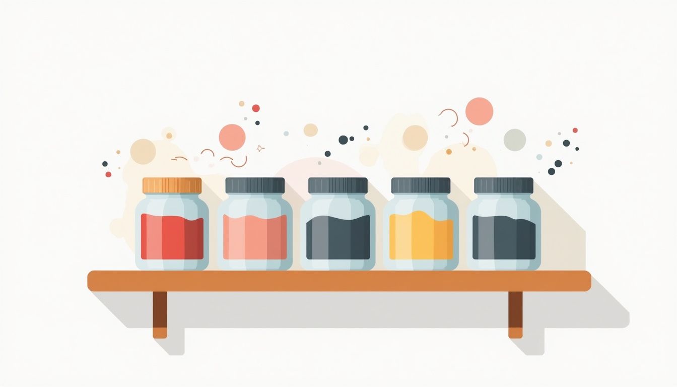 Minimalistische vectorillustratie van een houten plank met creatinepotten.
