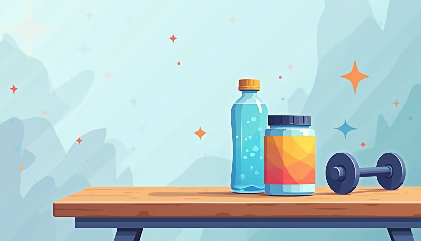 Minimalistische illustratie van waterfles en creatinepot op gymbank.