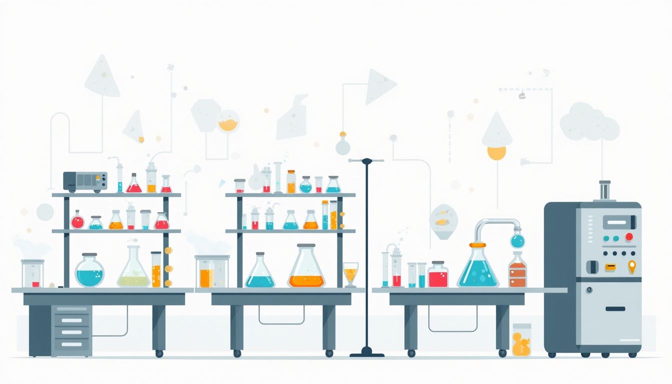 Minimalistische vectorillustratie van een moderne laboratoriumsc&egrave;ne met chemische containers.