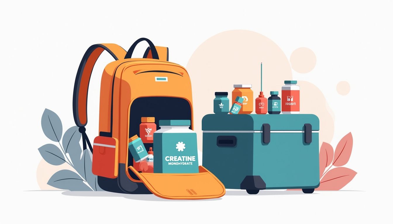Minimalistische illustratie van een rugzak met sportvoeding en accessoires.